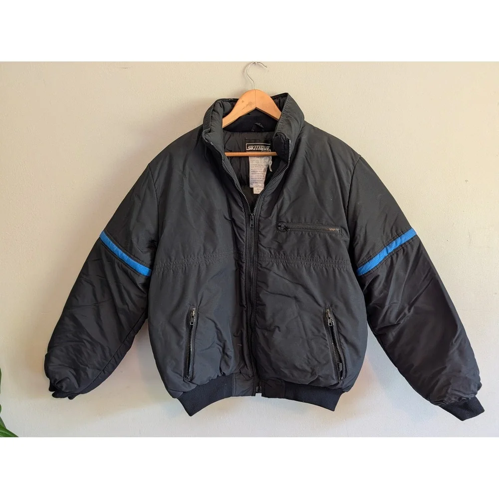 Vtg 70s/80s Skitique International Down Snow Jacket Black Blue Stripe Mens L Ski